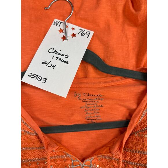 Chico's Top Women's 1 Boho Orange Embroidery Sequins Boho - Picture 3 of 4